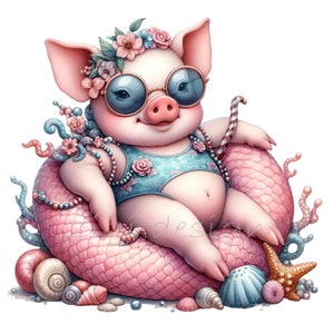 10 imágenes PNG de cerdos playeros, adorable cerdito veraniego en traje de baño, arte digital, cerdo relajante con gafas de sol (sublimación), decoración costera