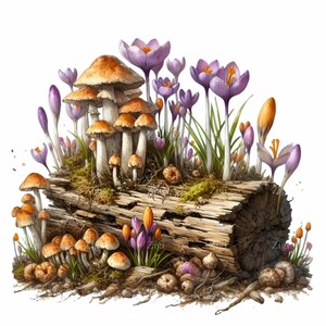 12 bûches de champignons PNG Clipart – scène de printemps des bois avec champignons et fleurs de crocus, téléchargement numérique nature forêt