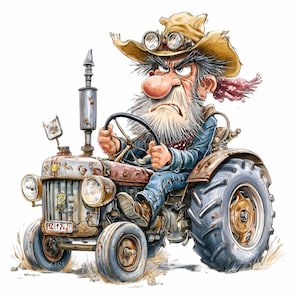 May include: A cartoon illustration of an elderly man driving a vintage tractor. He wears a cowboy hat with goggles, a blue denim jacket, and a red bandana. The tractor is rusty with large tyres and headlights.