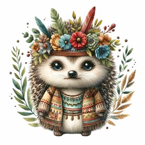 15 imágenes prediseñadas de erizo - Lindo animal tribal del bosque con corona floral - Descarga digital de animales bebés del bosque