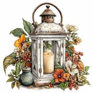 May include: A vintage-style white lantern with a lit candle inside, surrounded by orange, white, and green flowers and foliage. The lantern has a handle and a decorative top. A small, teal jar with a lid is also present.