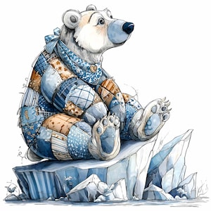 Könnte beinhalten: Aquarellillustration eines Eisbären, der auf einem Eisberg sitzt. Der Bär ist weiß mit blauen Akzenten und trägt einen Patchwork-Quilt. Der Quilt ist eine Mischung aus blauen und braunen Stoffen. Der Bär blickt nach rechts.