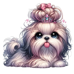 15 Princess Shih Tzu Dog Clipart PNG – Cute Puppy with Tiara, Bow, and Long Hair – Pink Tongue Digital Pet Art
