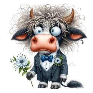 12 divertenti PNG Clipart di sposo mucca – Toro bianco e nero in smoking con fiore – Download digitale di matrimonio in fattoria carino