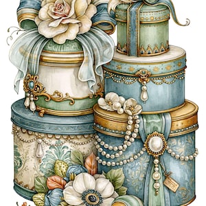 12 PNG Vintage Gift Box Stacked Present Clipart, Floral Pearl Graphic