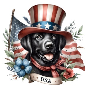 17 Patriotischer Hund PNG Clipart - Amerikanische Flagge Labrador mit Zylinder - 4. Juli USA Dog Art