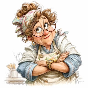 Pode incluir: Ilustração de uma mulher sorridente com cabelo castanho encaracolado, usando óculos redondos, um lenço floral e um avental. Ela tem os braços cruzados e usa um relógio e brincos dourados. A imagem tem uma sensação calorosa e convidativa.