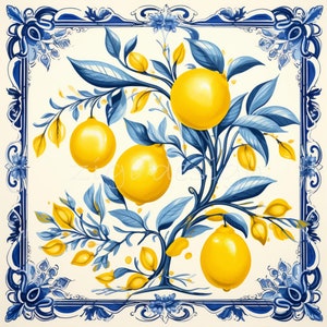 May include: A white ceramic tile with a blue border features a hand-painted design of a lemon tree with yellow lemons and blue leaves. The tile has a vintage style.