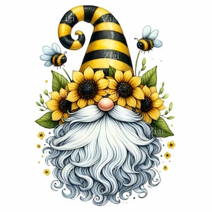 12 imágenes PNG de gnomos de abeja – Girasol PNG – Ilustración de jardín de verano para tarjetas, pegatinas, vasos y diseños de sublimación