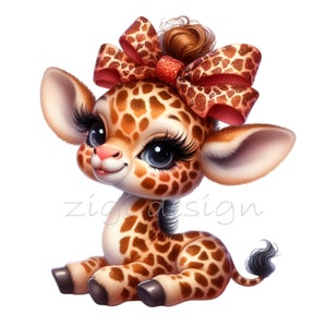15 graziosi clipart PNG di giraffa con fiocco scintillante – adorabile arte di animali dei cartoni animati per sublimazione, artigianato e adesivi
