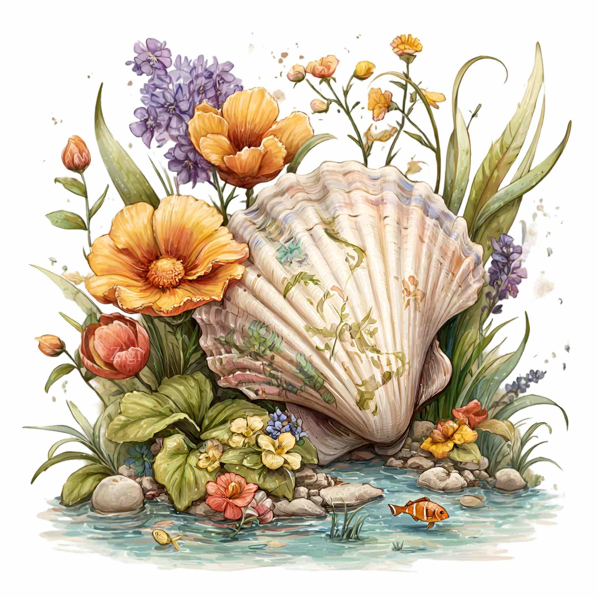 15 PNG Seashell Floral Clipart – Coastal Flower PNG – Beach Art for ...