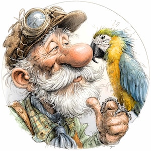 10 PNG Explorador con loro – Pájaro colorido y anciano PNG clipart – Arte caprichoso de mascotas para tarjetas de aventuras, decoración y amantes de los animales