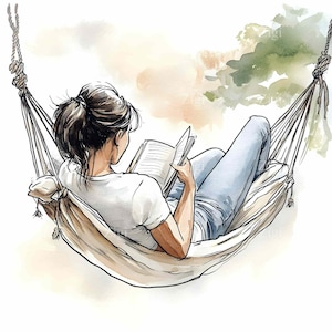 32 JPEG Ragazza che legge sull'amaca Clipart JPG, Illustrazione di donna rilassata con libro, Stampa artistica digitale di scena di svago estivo