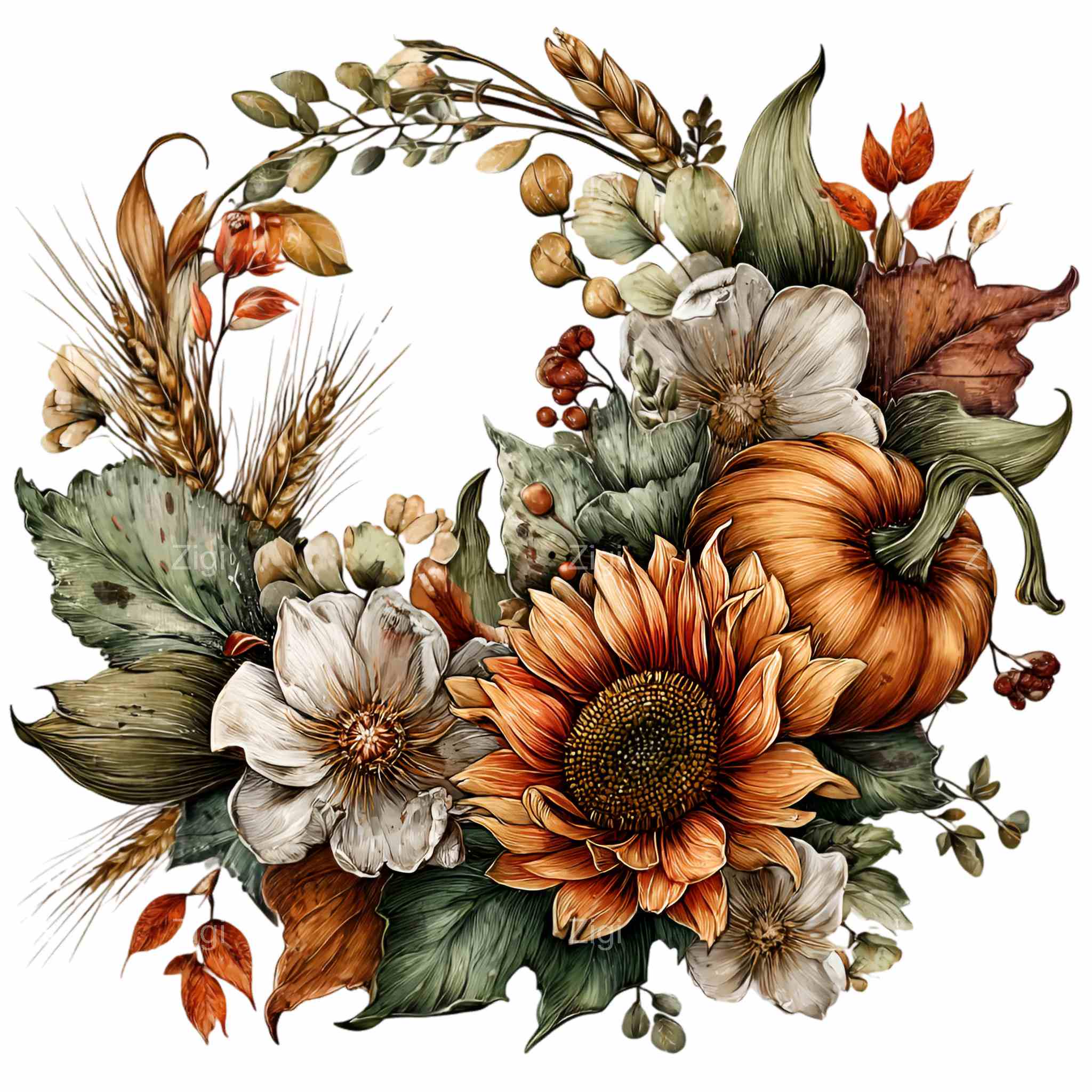 14 PNG Autumn Pumpkin Wreath, Rustic Fall Floral Clipart, Thanksgiving ...