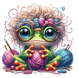 Clipart grenouille, 14 PNG laine boule drôle tricot clipart, clipart au Crochet, journal indésirable, fabrication de cartes, professeur de couture, sublimation imprimable
