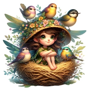 10 fée fille dans son nid PNG Clipart, elfe de la forêt mignon avec oiseaux et chapeau floral, téléchargement numérique printemps lunatique