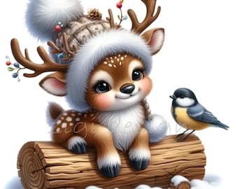 15 PNG Clipart di cervo invernale, cerbiatto Cappello Uccello Tronco Legno Design