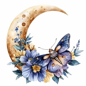 26 imágenes prediseñadas de mariposa de luna creciente en formato JPEG, mariposa floral azul en formato JPG, polilla lunar mística con flores, descarga digital