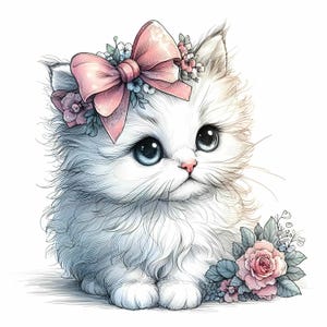 15 JPEG Cute Kitten Clipart With Big Eyes and Floral Bow, Baby Cat JPEG ...