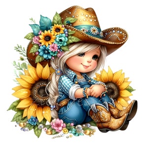 Clipart cow-girl, clipart tournesol, 12 PNG ferme de campagne de l'ouest, fête de mariage fille, chapeau de cowboy, gobelet sublimation bricolage, cadeau pour enseignant