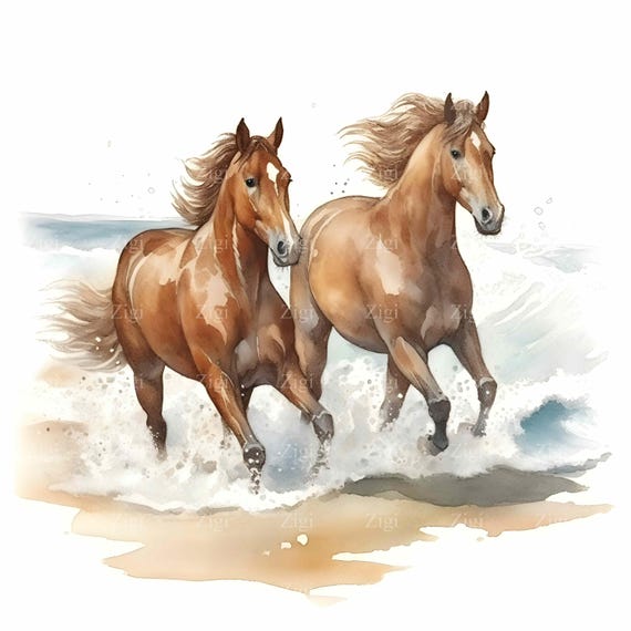 20 JPEG 走る馬のクリップアート – 水彩画の野生の馬の群れ JPG 西洋