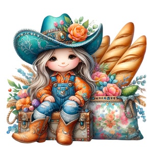 12 imágenes prediseñadas de vaquera / Linda chica de campo con flores y pan / Ilustración digital de chica de granja del oeste