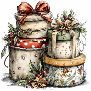 Könnte beinhalten: Ein Stapel dekorativer runder Geschenkboxen mit Deckeln und Schleifen. Die Boxen sind in verschiedenen Farben und Mustern gehalten, darunter rote Punkte, Sterne und florale Designs. Stechpalmen und Beeren dienen als Akzente.