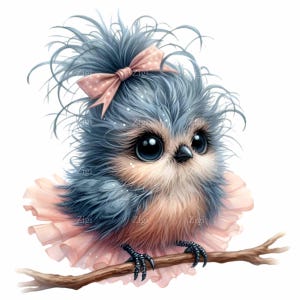 Könnte beinhalten: Ein blauer und rosa Vogel mit einer rosa Schleife im Haar, der auf einem Ast sitzt. Der Vogel hat große, runde Augen und ein flauschiges Aussehen.