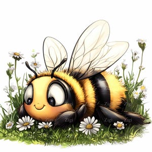 20 adorables imágenes prediseñadas de abejorro en formato JPEG: linda abeja sonriente descansando sobre el césped con margaritas, arte caprichoso de insectos, descarga digital en formato JPG