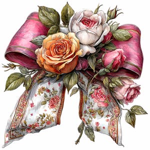 May include: A digital illustration of a floral arrangement featuring roses and a pink bow. The roses are in shades of pink, orange, and white, with green leaves. The bow is a vibrant pink with a patterned ribbon.