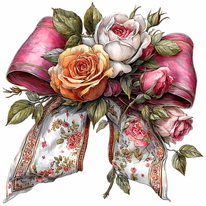 May include: A digital illustration of a floral arrangement featuring roses and a pink bow. The roses are in shades of pink, orange, and white, with green leaves. The bow is a vibrant pink with a patterned ribbon.