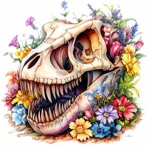 12 Dinosaur Skull PNG con fiori Clipart PNG, download digitale di arte floreale, illustrazione preistorica stravagante