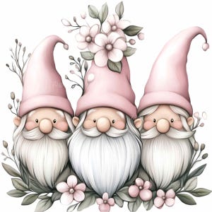 14 rosa Zwergen-Trio PNG Clipart - Pastell-Zwerge mit Blumen, Bärten & Hüten - Frühlings-Blumen-Zwerg-Kunst für Sublimation