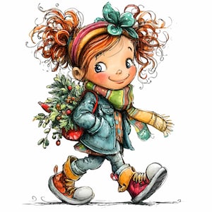 17 PNG Festive girl – Christmas walking PNG clipart – Cute holiday character with tree for seasonal crafts, cards and winter decor