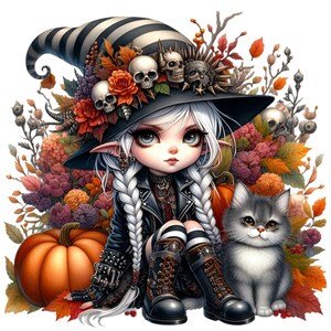 12 imágenes PNG de brujas góticas: elfo de Halloween con sombrero de calavera, gato y calabazas. Descarga digital de otoño espeluznante.