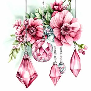 28 imágenes prediseñadas de gemas rosas JPEG, cristales colgantes con cadenas y flores rojas, elegante arte floral para sublimación.