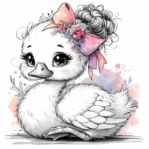 15 Clipart bébé oie PNG - mignon canard blanc avec noeud PNG - sublimation animal pastel pour impressions de chambre d'enfant, décoration d'enfants, fabrication de cartes