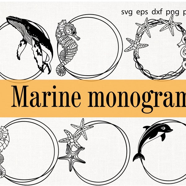Marine Frame Svg, Monogram Frame Svg, Sea Ocean Beach Svg, Marine Wedding Svg, Round Frame Cut File, Scribble Frame Svg, Ocean Frame Svg