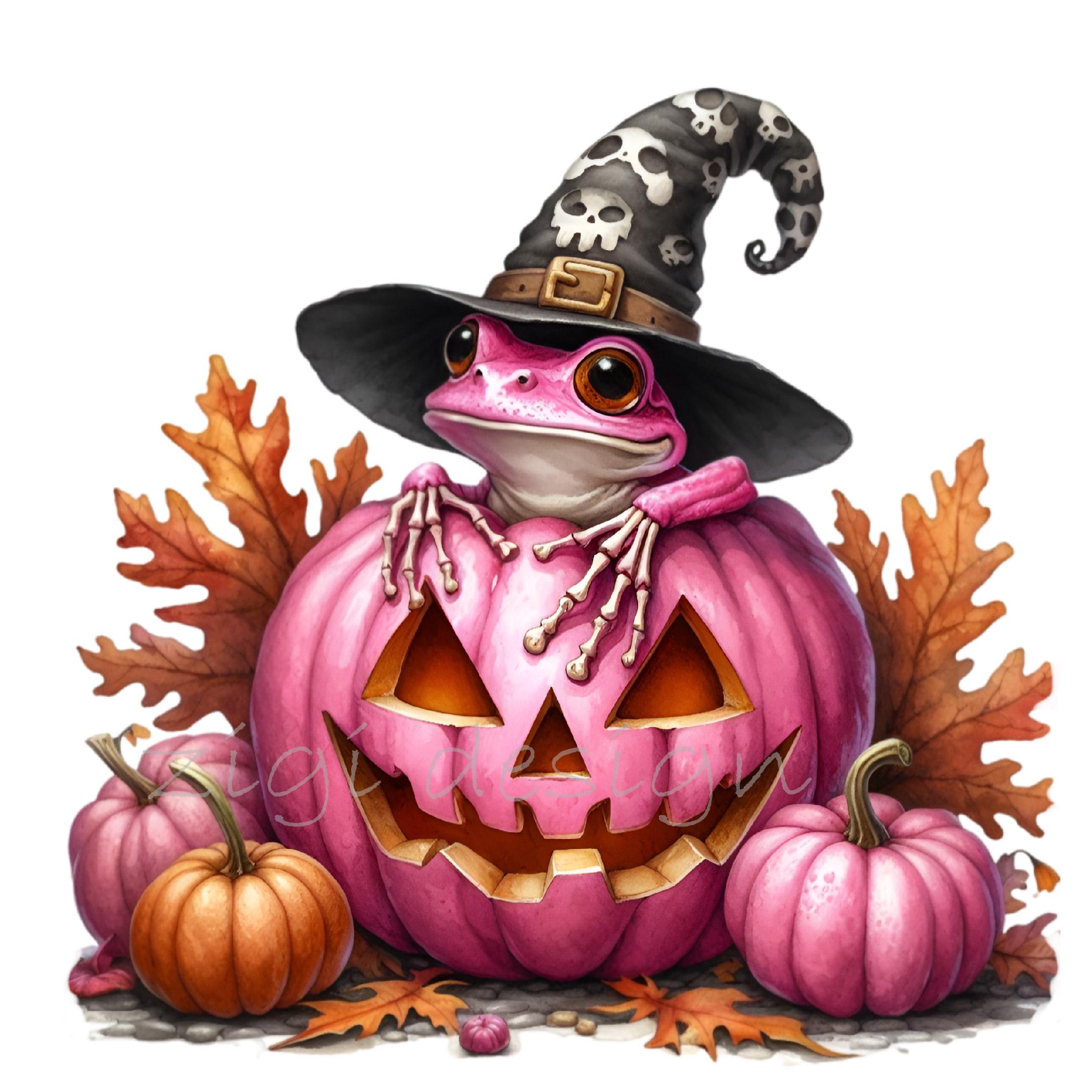 12 PNG Pink pumpkin frog clipart - witch hat frog PNG for Halloween crafts, spooky invitations, sublimation prints and wall art