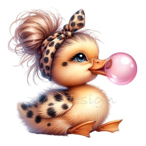 14 Leopard Ente PNG Clipart - Niedliches Entenküken mit Bubblegum, unordentlichem Haarknoten und Leoparden Stirnband - Lustige Baby Enten Kunst