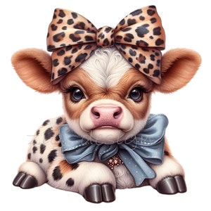 12 cliparts PNG mignon bébé vache, adorable veau avec noeud léopard et écharpe bleue, illustration numérique d'animaux de la ferme