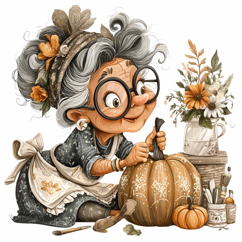 May include: A cartoon illustration of an elderly woman with grey hair and glasses carving a pumpkin. She wears a floral headscarf, apron, and a patterned dress. A vase of flowers and pumpkins are nearby, suggesting an autumn theme.
