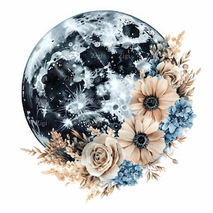 20JPEG Luna Girasol Clipart, Luna Floral Celestial JPG, Girasoles Cósmicos Descarga Digital