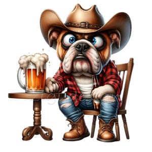May include: A cartoon bulldog wearing a cowboy hat, red and black plaid shirt, blue jeans, and brown boots sits on a wooden chair holding a bottle of beer. A glass of beer with foam sits on a wooden table.