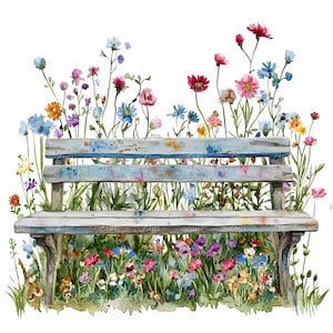 24 JPEG Panca da giardino Clipart JPG – Seduta in legno rustico circondata da fiori di campo colorati, opera d'arte di paesaggio floreale primaverile