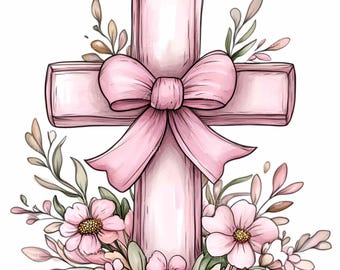 12 Pink Cross PNG Clipart, Elegant Cross with Floral Arrangement and Bow, Digital Download for Christian Decor