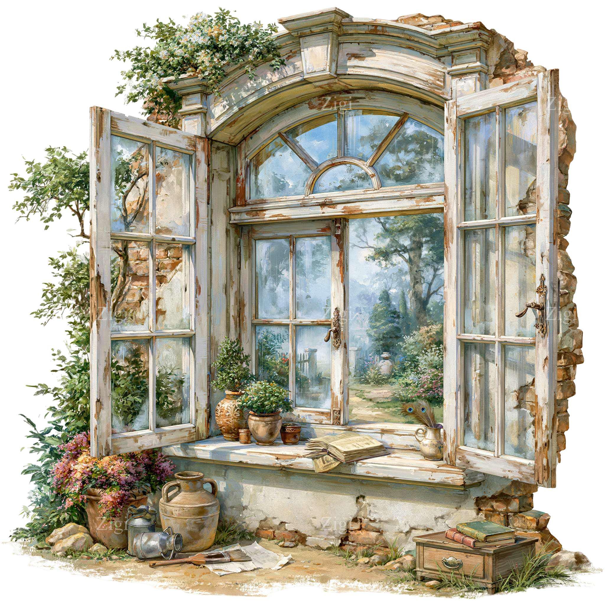 Rustic Window Vector Image 15 PNG Rustic Cottage Window Clipart, Scenic Garden Landscape - Etsy