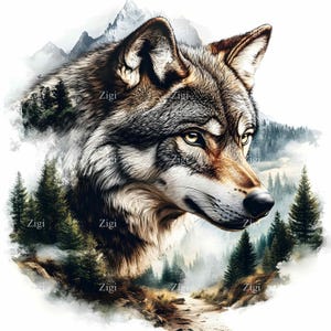 24 cliparts de loup réaliste JPEG avec fond de montagne et de forêt, art animalier majestueux de la faune, scène de nature sauvage Illustration JPG
