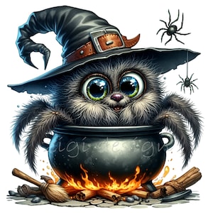 Halloween Spider Clipart 10 PNG, ragno carino nell'illustrazione del cappello da strega, arte spettrale di Halloween, download istantaneo