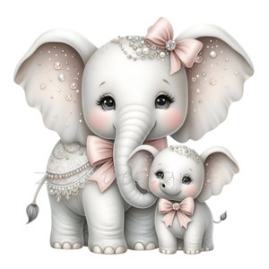 Mother Baby Elephant Clipart PNG – Pearls and Bow Elephant Art for Nursery Decor, Baby Shower Designs, Kids Room Illustration, Sublimation PNG